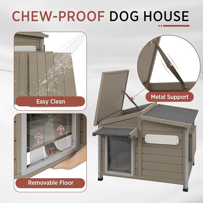 Outdoor Dog House, Weatherproof Wooden Kennel for Medium Dogs, Large Wooden Dog House with Chew-Proof Iron Frame, Removable Floor (Grey, 43.5"D x 29.5"W x 33.5"H) (Grey, 43.5" D x 29.5" W x 33.5" H)