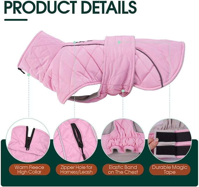 Kuoser Dog Coat, Extra Warm Dog Jacket Windproof Dogs Cold Weather Coats for Small Dogs, Fleece Lining Turtleneck Doggy Snowsuit Reflective Adjustable Pet Winter Clothes Christmas, Pink S