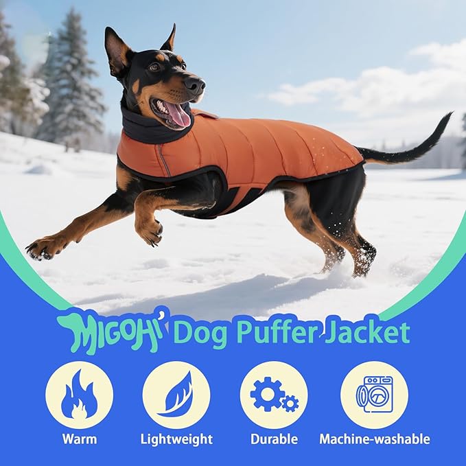 MIGOHI Lightweight Dog Coat, Windproof Dog Jacket, Puffer Jacket for Large Dogs, Padded Vest with Reflective Strips, Warm Snow Vest in Cold Weather, Easy On Hook & Loop Belly, Caramel, XL