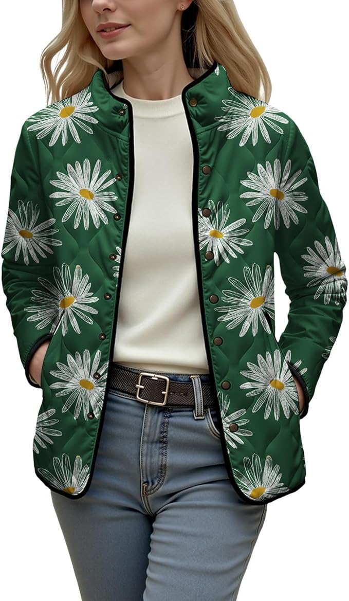 LIZALIG Women's Cropped Puffer Jacket Lightweight Floral Print Long Sleeve Padded Quilted Puffy Cardigan Coat