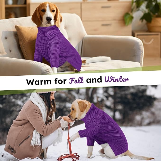 Queenmore Large Dog Sweater, Plaid Dog Sweaters for Large Dogs, Turtleneck Pet KintSweater with Check Pattern, Long Sleeve Holiday Pet Knitwear, Solid, Purple L