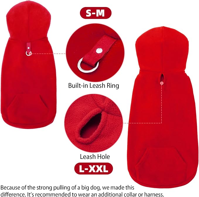 EXPAWLORER Dog Hoodie Fleece Sweater Vest, Hooded Dog Sweatshirt Fall Winter Pet Clothes with Leash Ring, Sleeveless Warm Cozy Puppy Clothing for Cat Small Medium Large Dogs Girl Boy, Red M