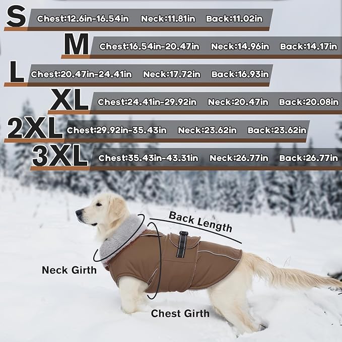 Lelepet Warm Dog Coats for Large Dogs Waterproof Dog Jacket Reflective Pet Fleece Vest Windproof Cold Weather Coats with Adjustable Buckle & Leash Hole, Brown, XXL