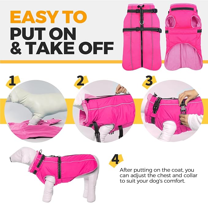 Lelepet Dog Winter Coat Waterproof Dog Jacket with Harness Built in Windproof Reflective Pet Coats for Small Medium Large Dogs, Thermal Fleece Lined Coats for Cold Weather Walking Hiking, Rose Red, XL