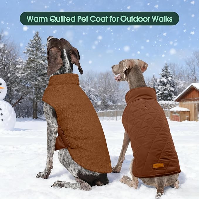 Kuoser Reversible Dog Coat – Warm Fleece & Quilted Waterproof Dog Jacket, Double-Sided Cold Weather Dogs Winter Coat with Harness Hole, Windproof Pet Snow Vest for Small Medium Large Dogs, Brown M