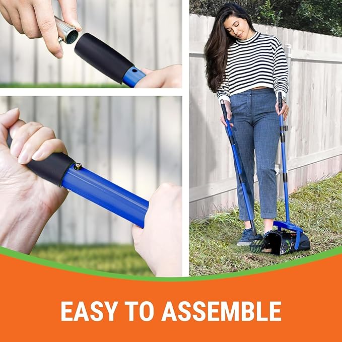 Pupzle Dog Pooper Scooper with Bag Attachment, 40" Long Handle Pooper Scooper for Large Dogs, Dog Poop Scoop for Yard, Large Capacity Swivel Bin and Rake, Lavender Scented Bags (Blue)