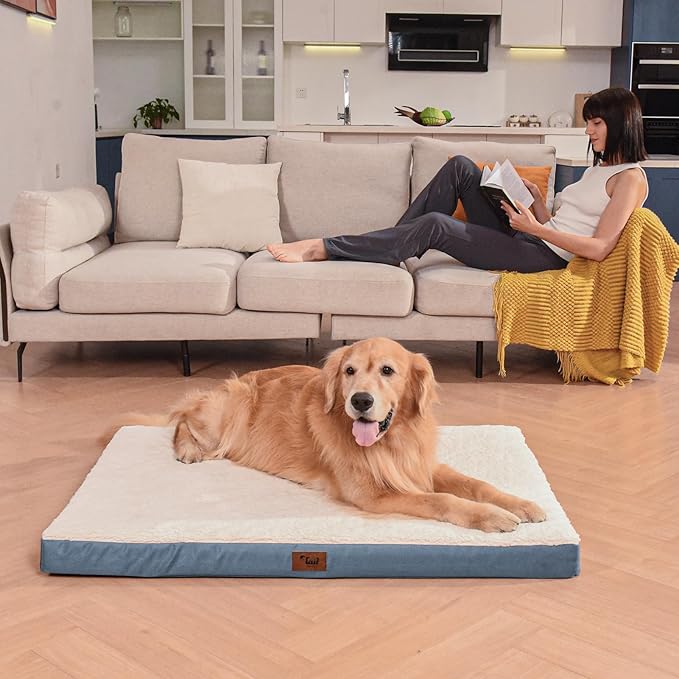 Orthopedic Dog Crate Bed for Extra Large Dogs, XXL Waterproof Comfort Pet Bed with Egg Crate Foam 47x29 Inch, Removable Oxford Cooling Cover, Blue White