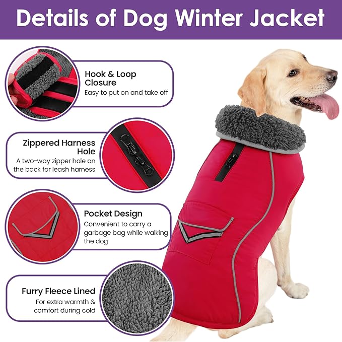 SUNFURA Dog Coat, XXXL Dog Winter Jacket, Reflective Fleece Snow Coat with Furry Collar, Waterproof Pet Puffer Jacket for Great Dane Extra Large Dogs, Red 3XL