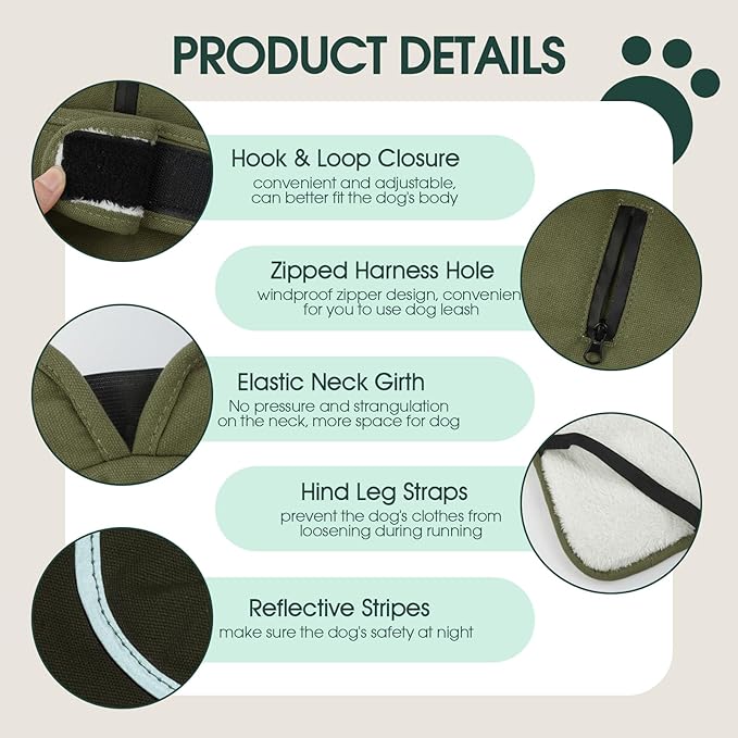 Kuoser Canvas Dog Coat, Warm Dog Jacket Reflective Fleece Pet Cold Weather Coat, Warm Doggie Clothes Waterproof Winter Vest with Zipper Leash Hole for Small Medium Large Dogs, Army Green 2XL