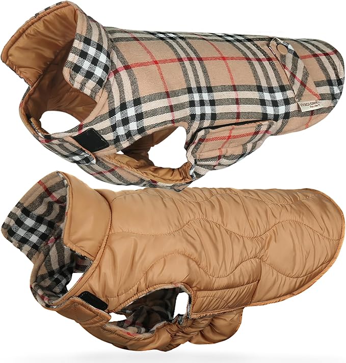 VIVAGLORY Softjoy Dog Coat, Dog Jacket for Winter & Christmas, Coat with Harness Hole & Velcro Closure, Reversible Plaid Checkered Warm Fluffy Heavy Duty for Puppy, L, Khaki