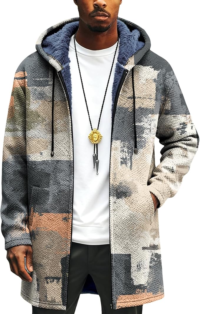 Mens Long Cardigan Hoodies Full Zip Fleece Lined Jackets Fashion Knitted Color Block Hooded Coat with Pockets