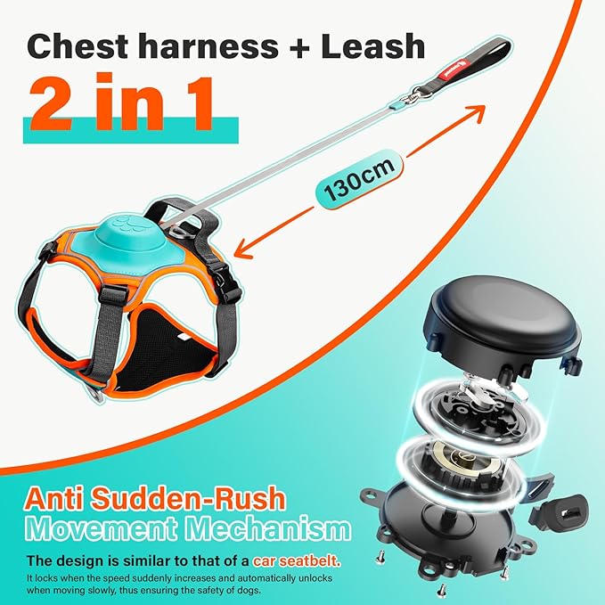 No Pull Dog Harness, 2 in 1 Retractable Harness with Auto-Lock, Reflective Breathable Mesh and Handle, Adjustable Leash Set for Small, Medium,Large Dogs,Cats (Color 1, XL)