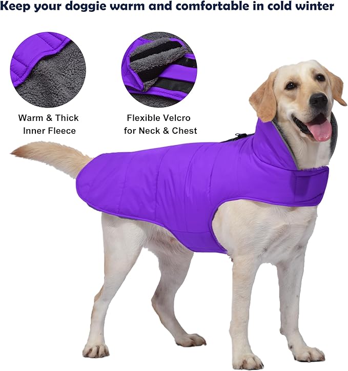 Dog Winter Coat, Waterproof Dog Jacket with Leash Hole, Reflective Adjustable Pet Snow Vest, Warm Fleece Sweater for Small Medium Large Dogs - Purple, 3XL