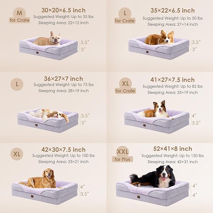 EHEYCIGA Memory Foam Dog Bed for Medium Size, Orthopedic Dog Sofa with Sides and Waterproof Liner, Washable Bolster Pet Couch with Removable Cover, 35x22x6.5 Inch, Purple