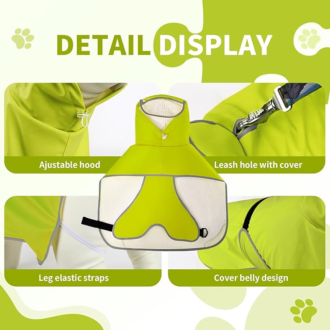 Dog Raincoat, Waterproof Windproof Dog Rain Jacket with Hood, Rain Coat with Leash Hole, Adjustable Raincoat Poncho for Small Medium Large Dogs Outdoor (Neon Yellow, X-Large)