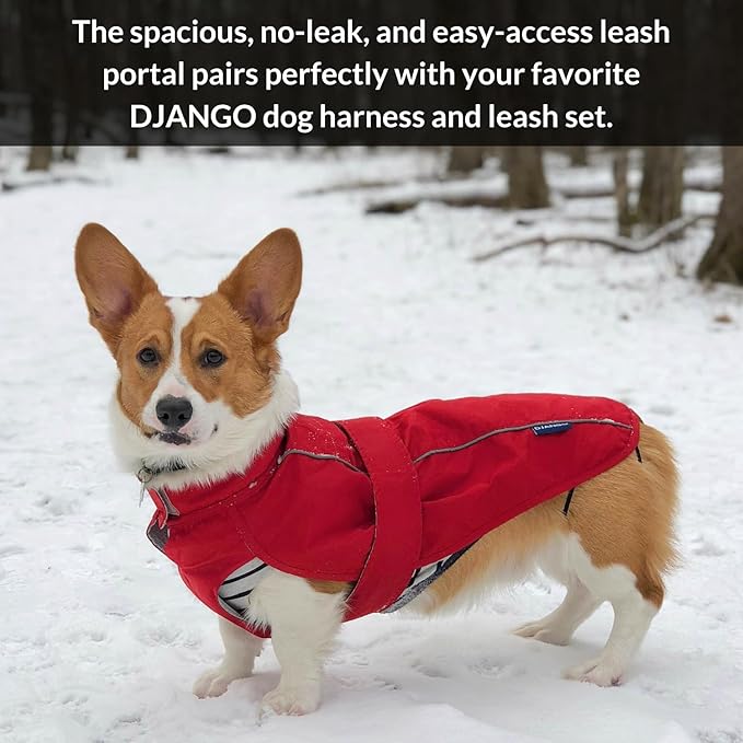DJANGO Dog Jacket & Raincoat – Lightweight Water-Resistant Coat for Small, Medium & Long Dogs Like Dachshunds – Reflective, Adjustable Fit, Harness-Compatible & Easy-Access Harness Hole - Red, Small