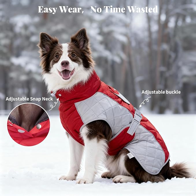 Dog Coat Dogs Winter Coat- Fleece Lined,Water-Resistant,Convertible Collar,Back Reflective Strip&Easy to Wear for Outdoor Walking Dog-Jacket(Red, Medium)