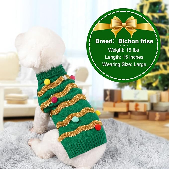 Cyeollo Christmas Sweater for Dogs - Turtleneck Glitter Holiday Clothes for Cold Weather Winter Pet Outfits