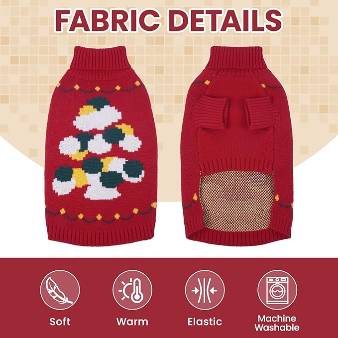 BRKURLEG Christmas Dog Sweaters for Cold Weather, Warm Turtleneck Sweaters for Small Dogs, Xmas New Year Pet Pullover Knitted Sweatshirt Outfit for Cats, Chihuahua,Yorkie (Red, XS)