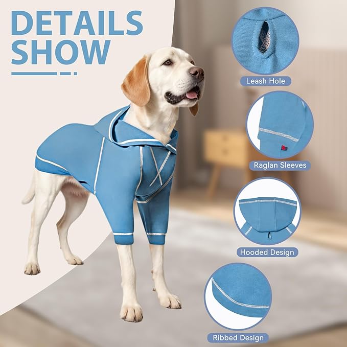 Basic Dog Hoodie Sweatshirts, Pet Clothes Hoodies Sweater with Hat and Leash Hole, Soft Cotton Outfit Coat for Small Medium Large Dogs, Light Blue (Medium)
