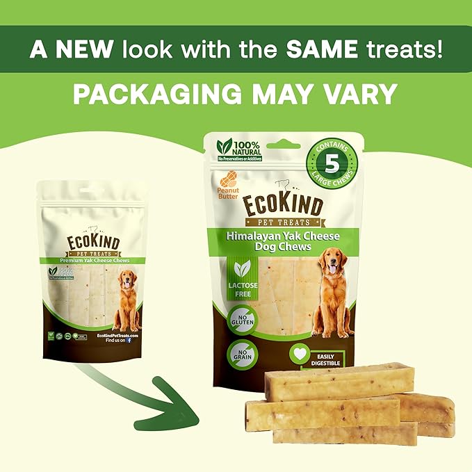 EcoKind Premium Gold Yak Cheese Himalayan Dog Chews, Dog Treats Large Breed, All Natural, High Protein Chew, Peanut Butter, Large - 12+ Chews (3 lbs)