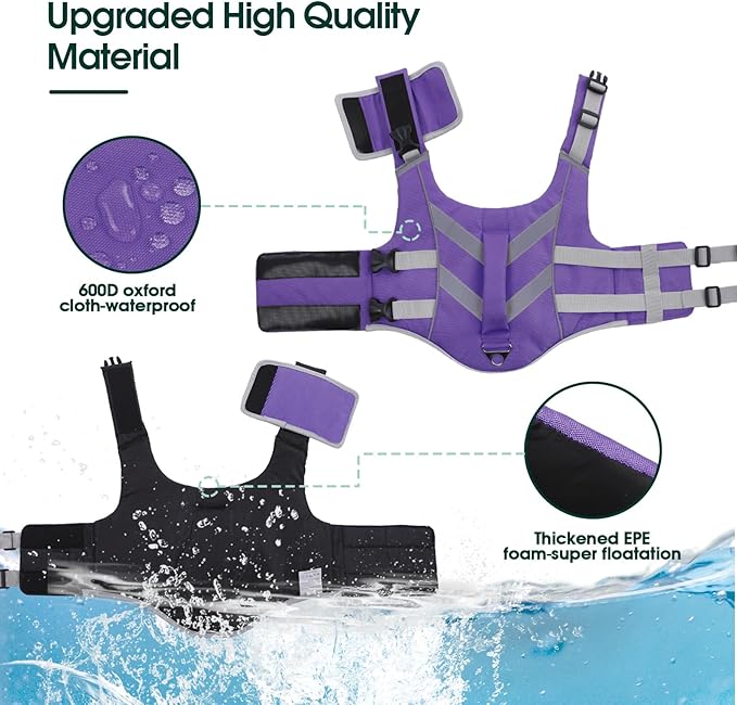 Kuoser Dog Life Jacket with Reflective Stripes - Adjustable High Visibility Vest, Ripstop Lifesaver, Pet Preserver with High Flotation Swimsuit for Small, Medium and Large Dogs