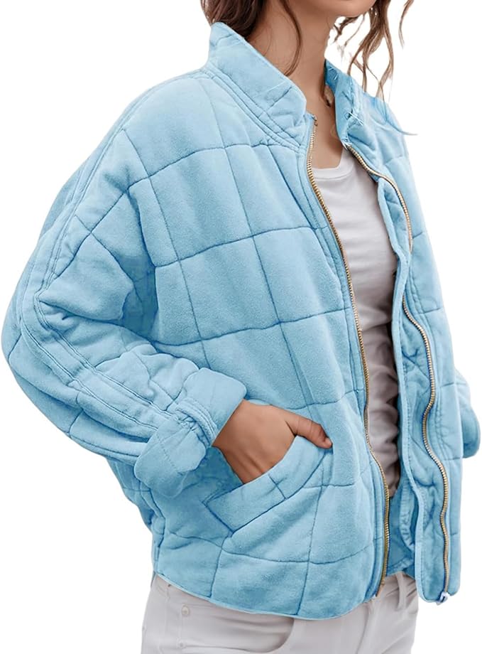 LIZALIG Warm Padded Coat for Women Full Zip Quilted Jackets Winter Oversized Causal Solid Color Stand Collar Pockets Coat