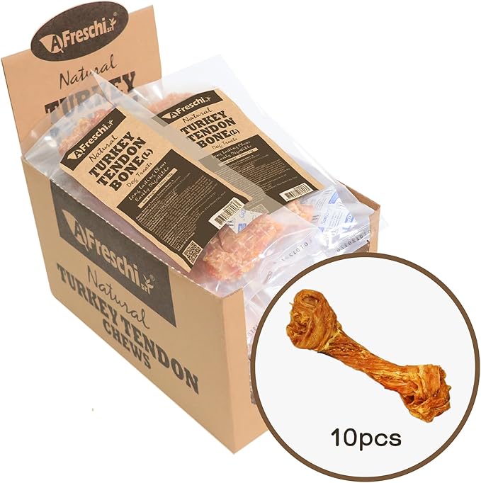 AFreschi Turkey Tendons for Dogs, USA-Sourced, Healthy Dog Treats, Rawhide-Free Puppy Chews, Long Lasting, All Natural, Hypoallergenic Dog Treats for Large Breeds, 10 Count Box Bone (L)