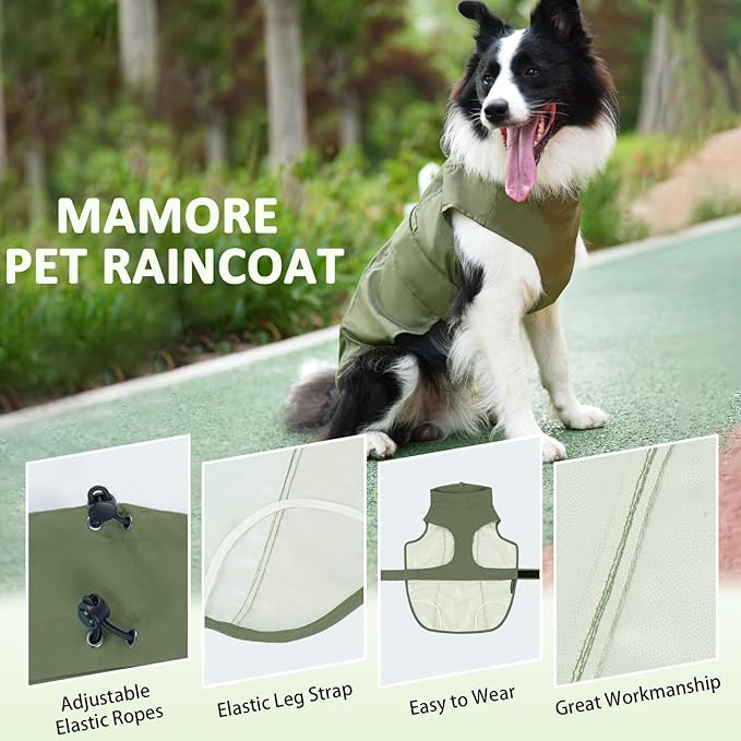 Waterproof Dog Raincoat, Adjustable Lightweight Dog Rain Jacket with Reflective Strip Leash Hole for Small Medium Large Dogs (Green, Large(22-37lb))