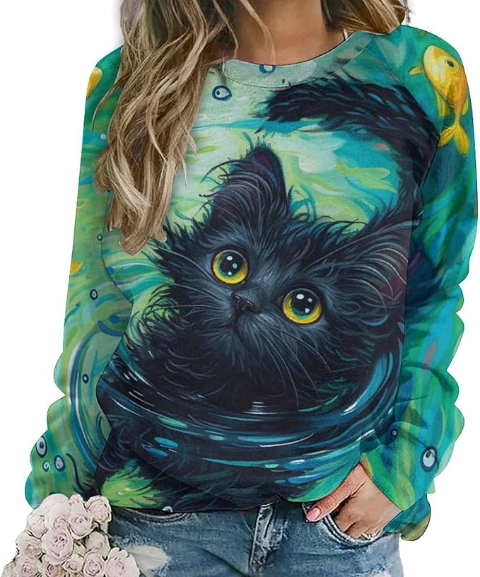 Long Sleeve Shirts for Women Cat Oil Painting Shirt 3D Graphic Sweatshirts Fall Pullover Crewneck Vintage Boho Tops