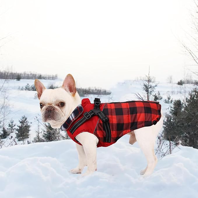 Dog Coat with Harness,Small Dog Winter Coat,Doggie Jackets with Built in Harness,Adjustable Warm Jacket for Medium Large Dogs,Pet Puppy Cold Weather Coats for Dogs Waterproof (PlaidRed, Medium)