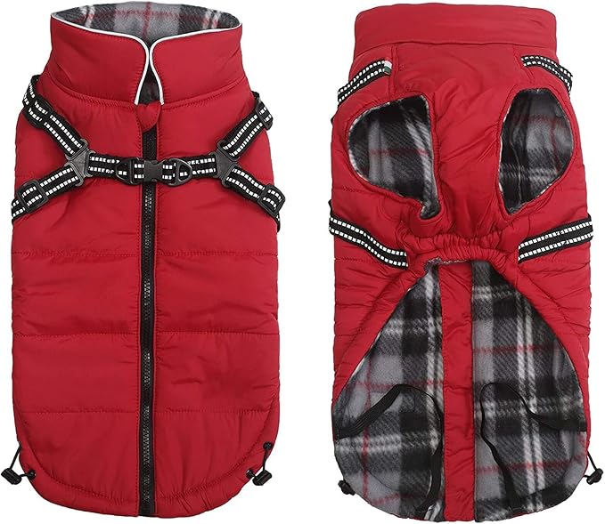 Geyecete Winter Warm Coat Waterproof Dog Winter Jacket with Harness Traction Belt,Pet Outdoor Jacket Dog Autumn and Winter Clothes for Medium, Small Dog-Red-L