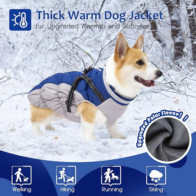 Dog Winter Coat with Harness, Dog Jacket, Pet Clothes with Zipper on Back, Waterproof Windproof Warm Vest, Reflective Cold Weather Coats, for Small Medium Large Dogs, Thick, Blue, M