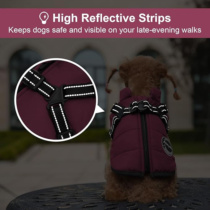Dog Winter Coat, Warm Jacket Reflective Adjustable Fleece Vest with Harness, Waterproof Windproof Snow Jacket for Small Medium Dogs, Purple XS