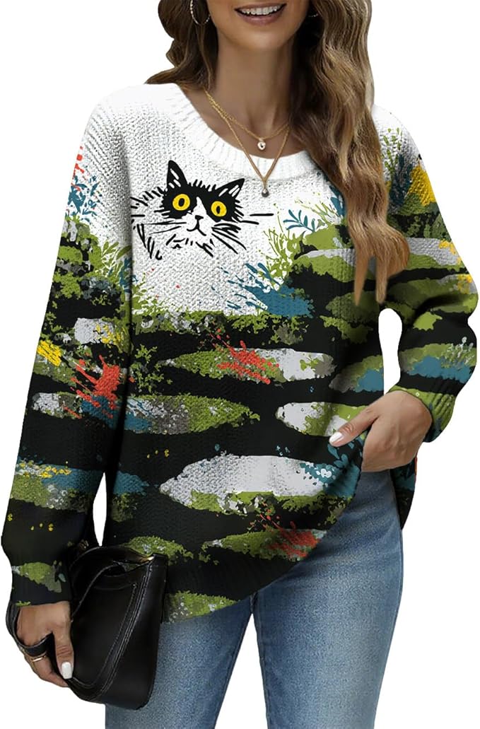 Women's Cat Printed Sweater Oversized Cable Knit Long Sleeve Christmas Clothes Casual Autumn Winter Fashion Tops