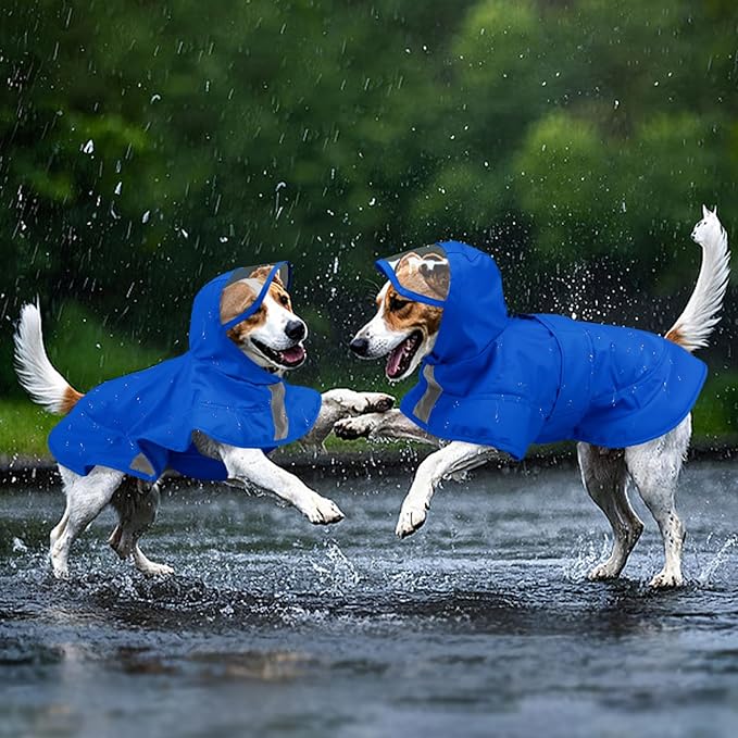 Kuoser Dog Raincoat, Waterproof Dog Rain Jacket with Clear Hooded Double Layer, Lightweight Reflective Dogs Rain Coat with Adjustable Belly Strap, Rain Coats for Large Dogs Outdoor Wear, Blue XL