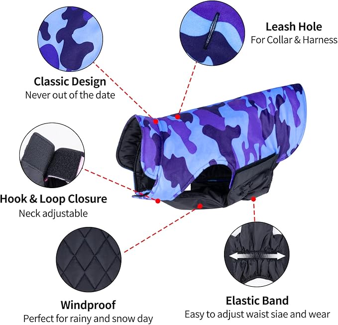 CuteBone Winter Dog Jacket - Waterproof, Windproof, Reversible Coat for Small to Large Dogs - Soft, Adjustable, Cold Weather Coats with Leash Hole