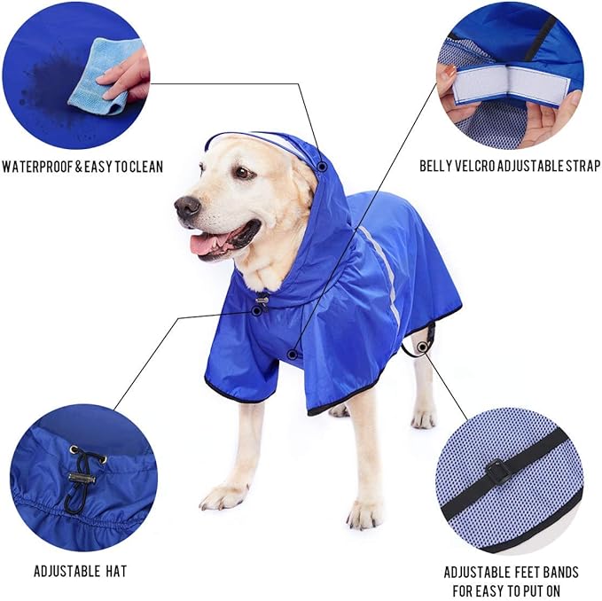 Dog Rain Jacket Raincoat with Adjustable Belly Strap and Leash Hole - Hoodie with Reflective Strip - Waterproof Slicker Lightweight Breathable for Medium Large Dogs - Easy to Wear, Blue 6XL