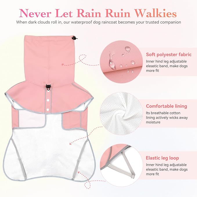 Reflective Dog Raincoat, Windproof & Waterproof Dog Rain Jacket, Adjustable Hooded Pet Poncho with Leash Hole for Small, Medium, Large Dogs(S-2XL) (Pink, X-Large)