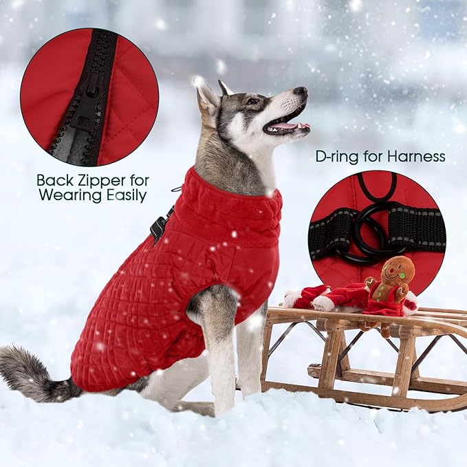 Kuoser XXXL Thermal Dog Suit | Extra Giant Apparel for St. Bernards | D-Ring Safety System Prevents Escape During Storms, Red XXL