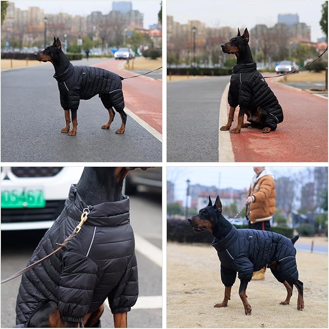 Lovelonglong Warm Jacket - 4 Legs Covered Waterproof Windproof Reflective Vest, Zippered Adjustable Outdoor Snow Jacket for Small Medium Large Dogs, Black XXXXL