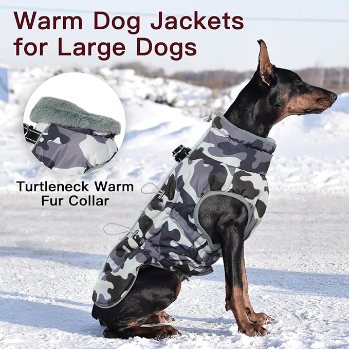 Dog Coat Winter Warm Dog Jackets for Large Dogs Reflective Snowsuit with Harness Fleece Dogs Snow Jacket Waterproof Pet Clothes for Cold Weather