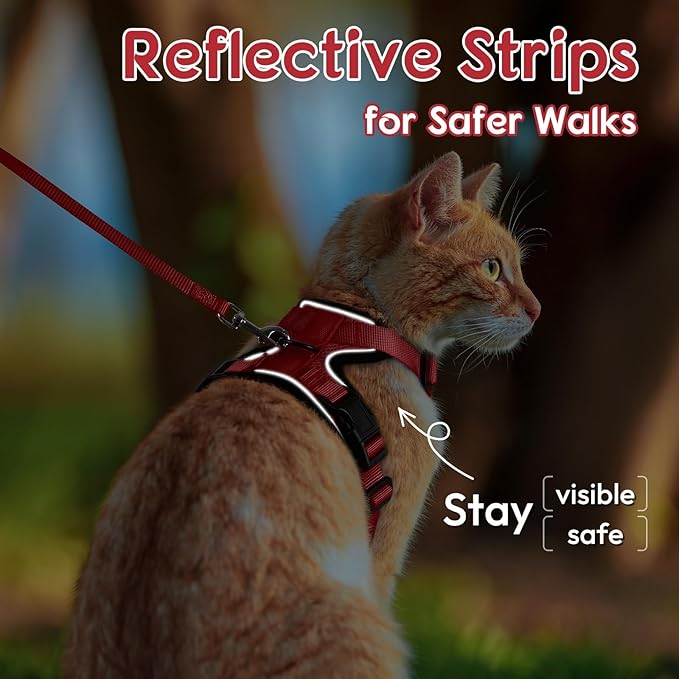 Dooradar Cat Harness and Leash Set, Escape Proof Safe Adjustable Kitten Vest Harnesses for Walking, Easy Control Soft Breathable Mesh Jacket with Reflective Strips for Cats, Red, XS