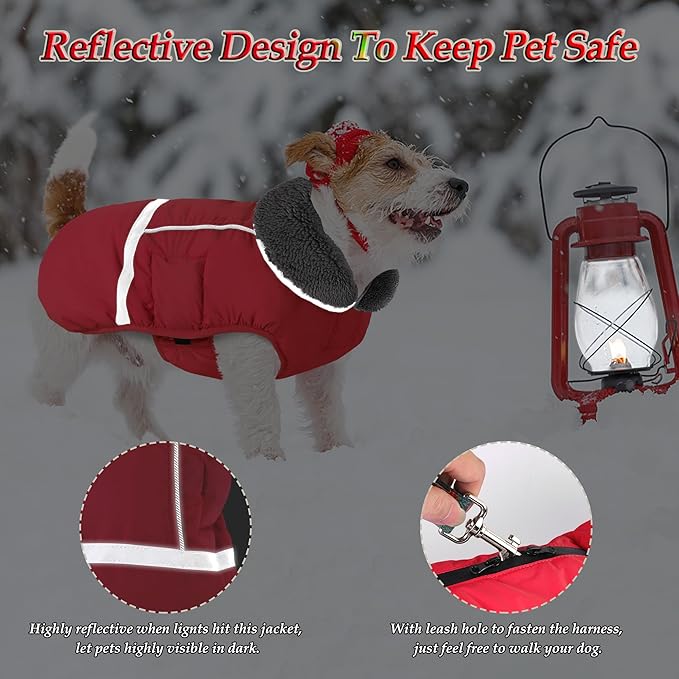 Dogcheer Warm Dog Coat, Christmas Dog Jacket Waterproof Puppy Winter Coat with Buckles, Reflective Adjustable Pet Snow Jacket Turtleneck Fleece Sweater for Small Medium Large Dogs - Red, L