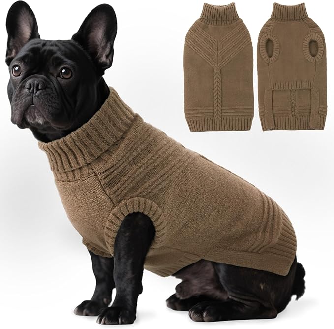 Dog Sweaters for Small Dogs Male Female Pet Knitwear Classic Puppy Warm Pullover Turtleneck Cold Weather Clothes for Chihuahua(Brown, XS)
