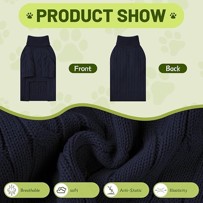 Small Dog Thermal Pullover Sweater, Classic Turtleneck Cable Knitwear Dog Clothes for Cold Weather Warm Pet Clothes for Chihuahua, Bulldog, Dachshund, Pug Navy Small