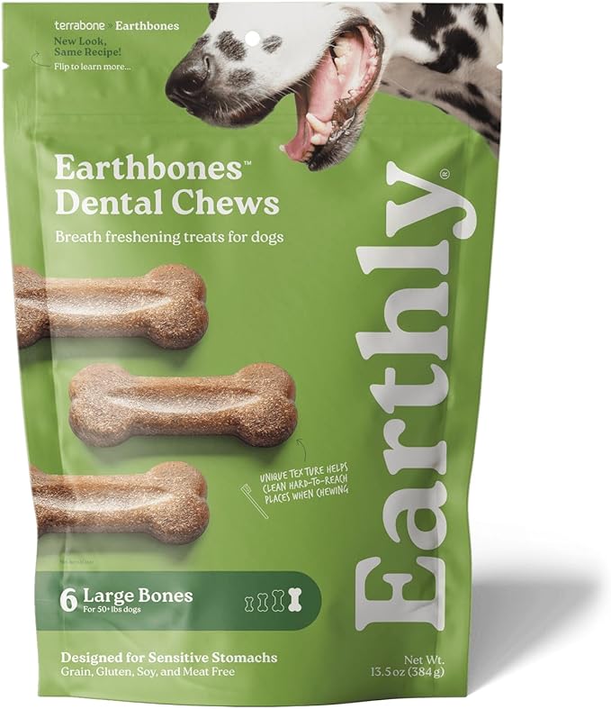Earthbones (Formerly Terrabones) Dental Chews, Dog Teeth Cleaning Treat, Large, 6 Treats