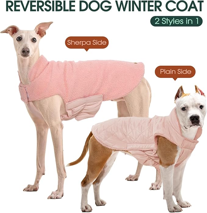 Kuoser Reversible Dog Coat – Warm Fleece & Quilted Waterproof Dog Jacket, Double-Sided Cold Weather Dogs Winter Coat with Harness Hole, Windproof Pet Snow Vest for Small Medium Large Dogs, Pink S