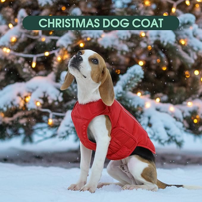 Kuoser Dog Puffer Jacket Warm Dog Coat for Medium Large Dogs, Windproof Reflective Pet Padded Vest Cold Weather Clothes Puppy Snowsuit with Hook & Loop Coats, Easy On/Off, Red L