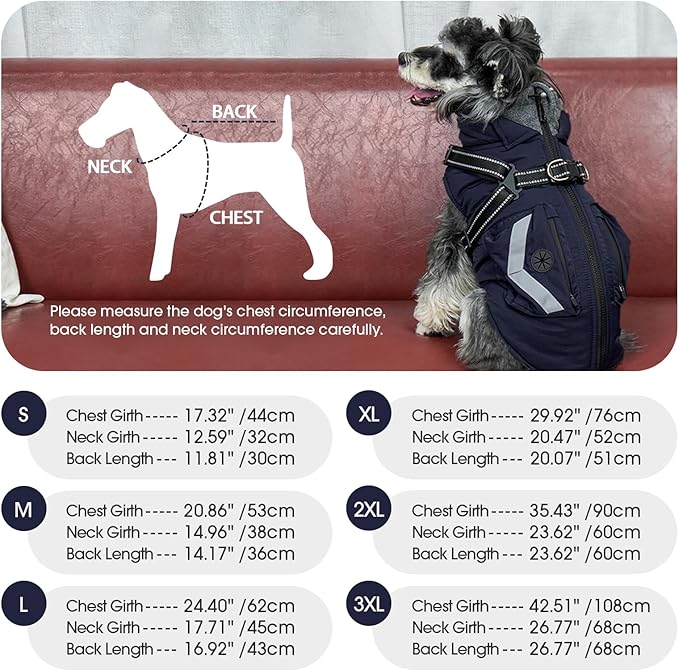FUAMEY Reflective Dog Winter Coat, Fleece Lined Jacket for Large Dogs Back Zipper, Turtleneck Cozy Doggy Vest Thermal Clothes with Harness, Cold Weather Snow Outfits, Labrador (Dark Blue, 3XL)